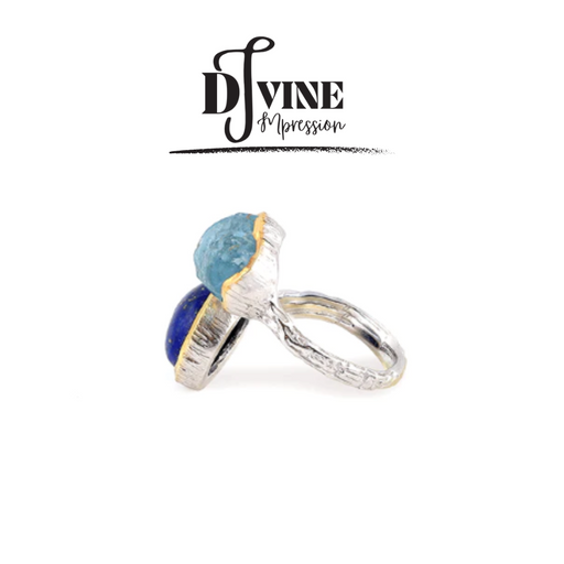 HAND CRAFTED SILVER RING FEATURING LAPIS LAZULI AND ROUGH AQUAMARINE