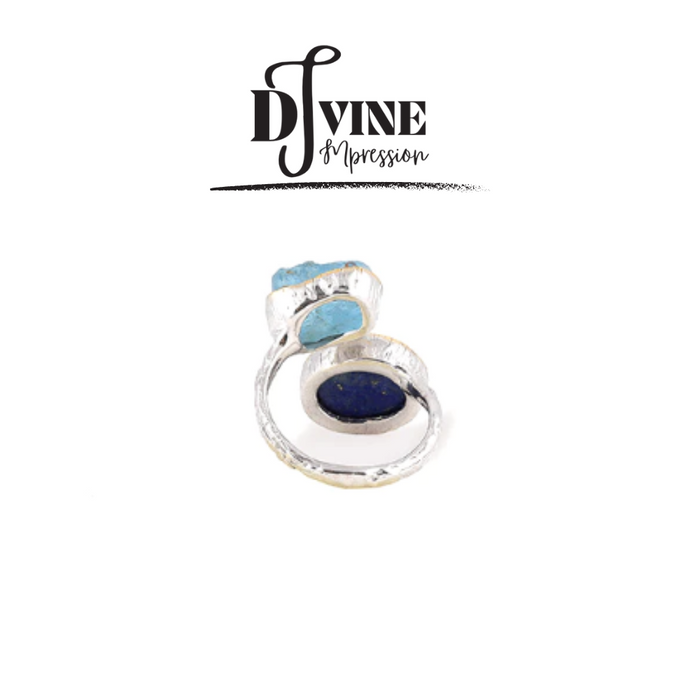 HAND CRAFTED SILVER RING FEATURING LAPIS LAZULI AND ROUGH AQUAMARINE