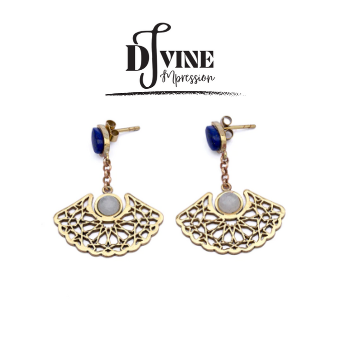HAND CRAFTED TEXTURED BRASS EARRINGS FEATURING MOTHER OF PEARL AND LAPIS LAZULI GEMSTONES