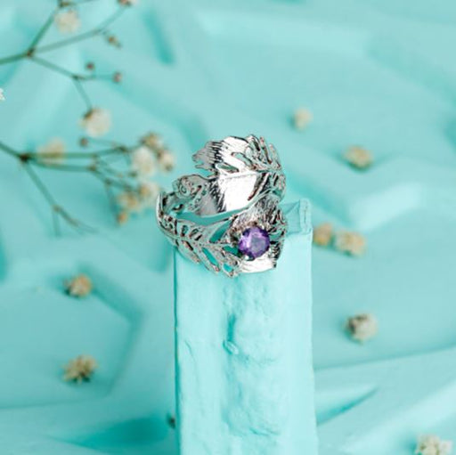 HAND MADE SILVER TEXTURED RING FEATURING AMETHYST GEMSTONE